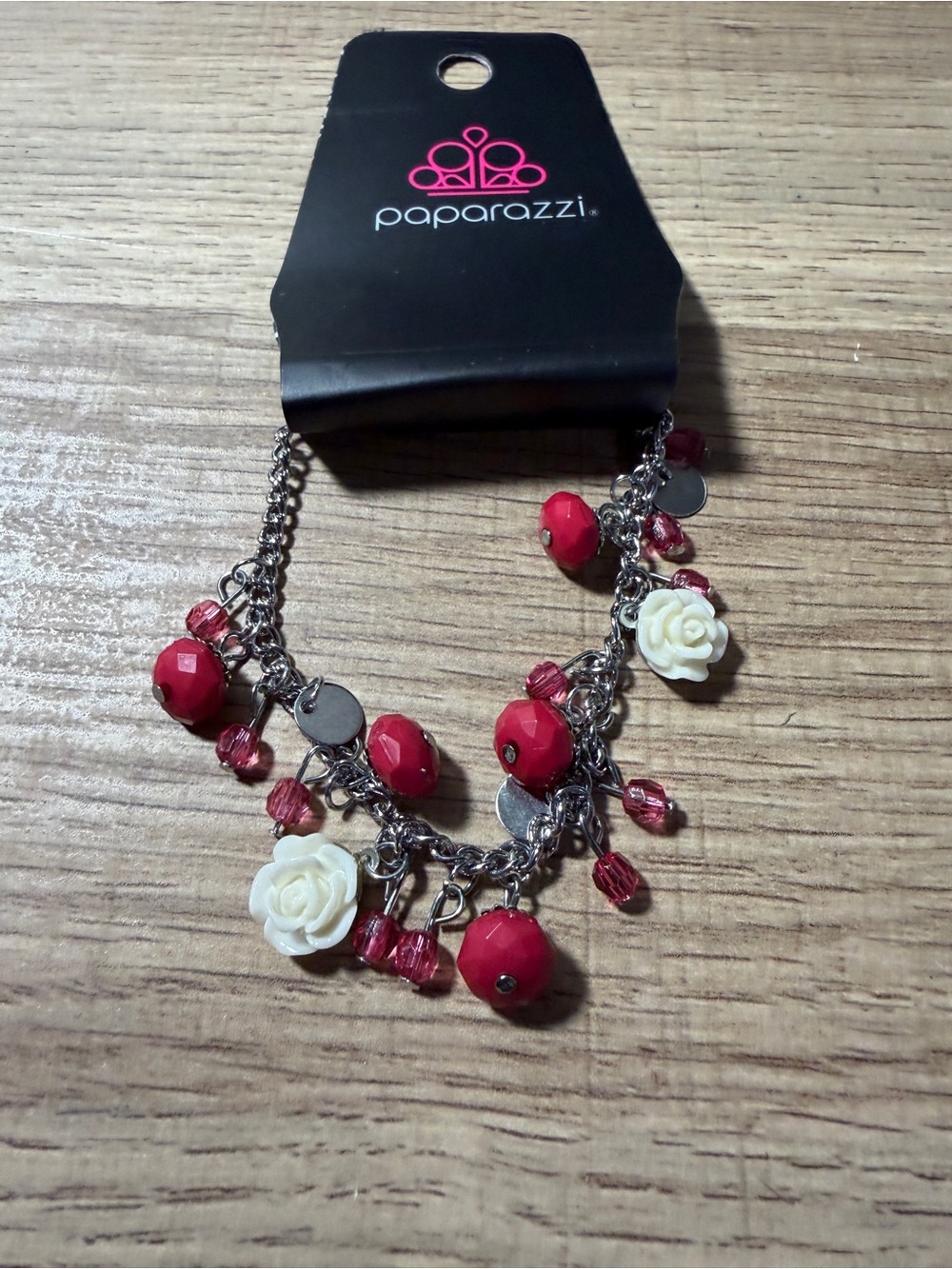 paparazzi Red Bead & White Rose Charm Bracelet
